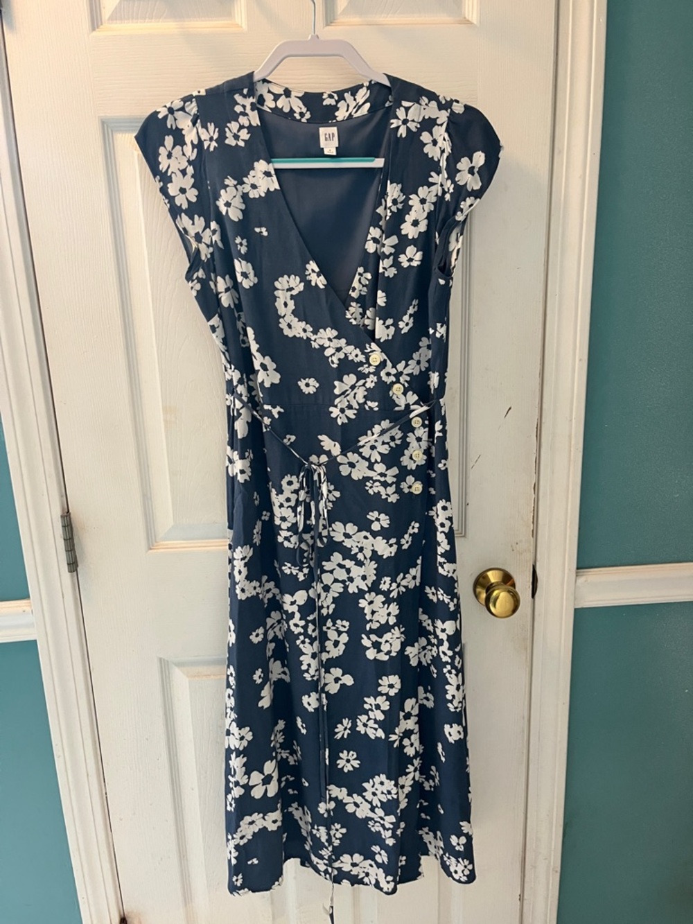 GAP Blue and White Floral Wrap Midi Dress